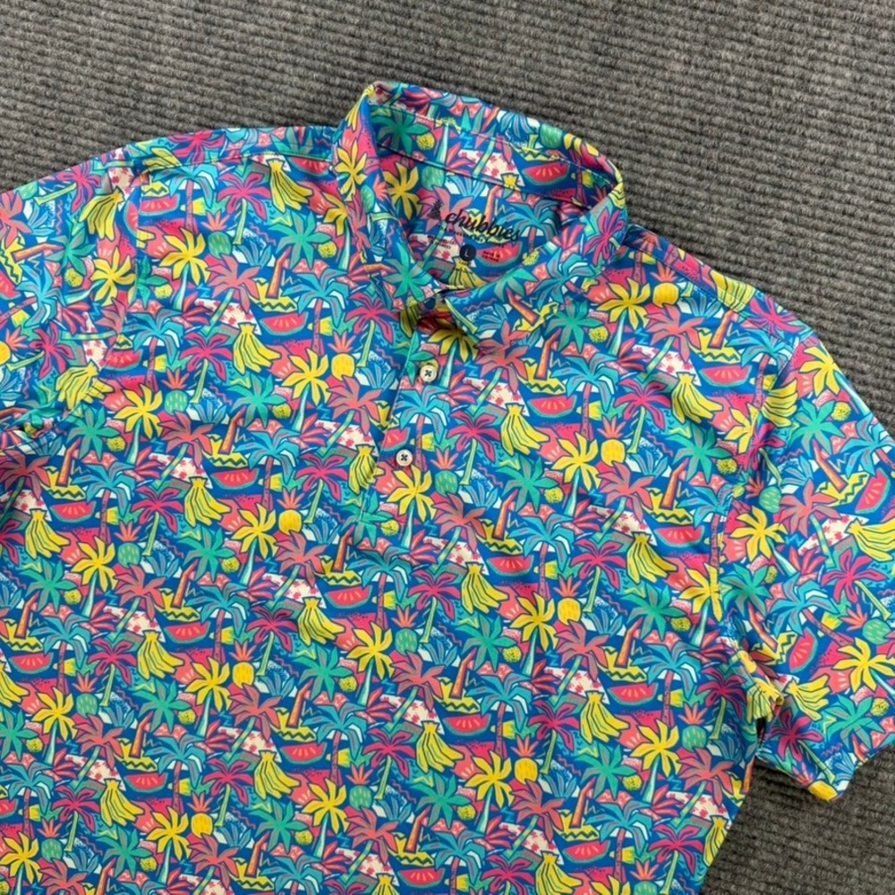 Chubbies Performance Polo Shirt Mens Large Tropical Palm Tree Fruit Print Golf